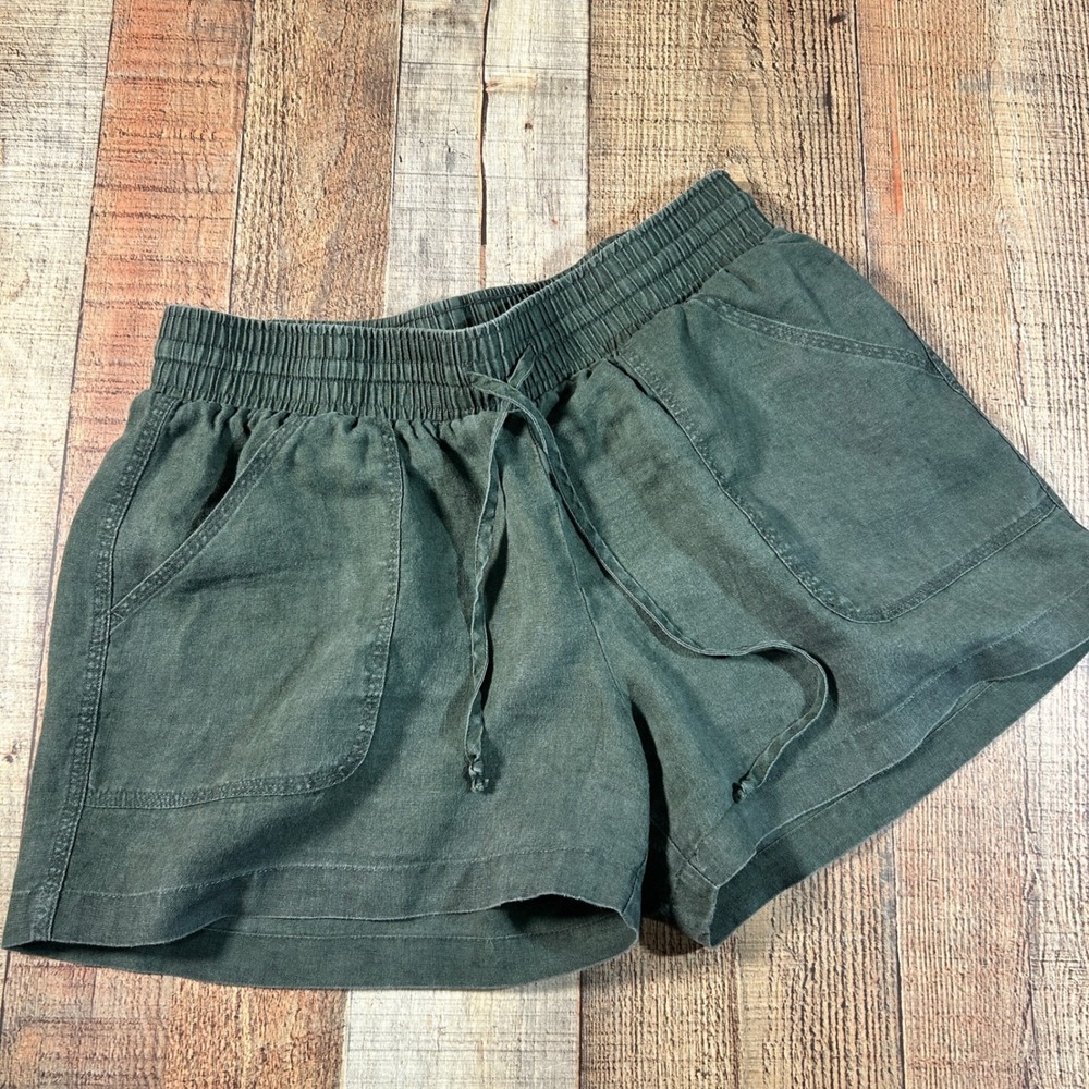 Allen Allen Green 100% Linen Pull On Shorts Elastic Drawstring Waist Large Boho
